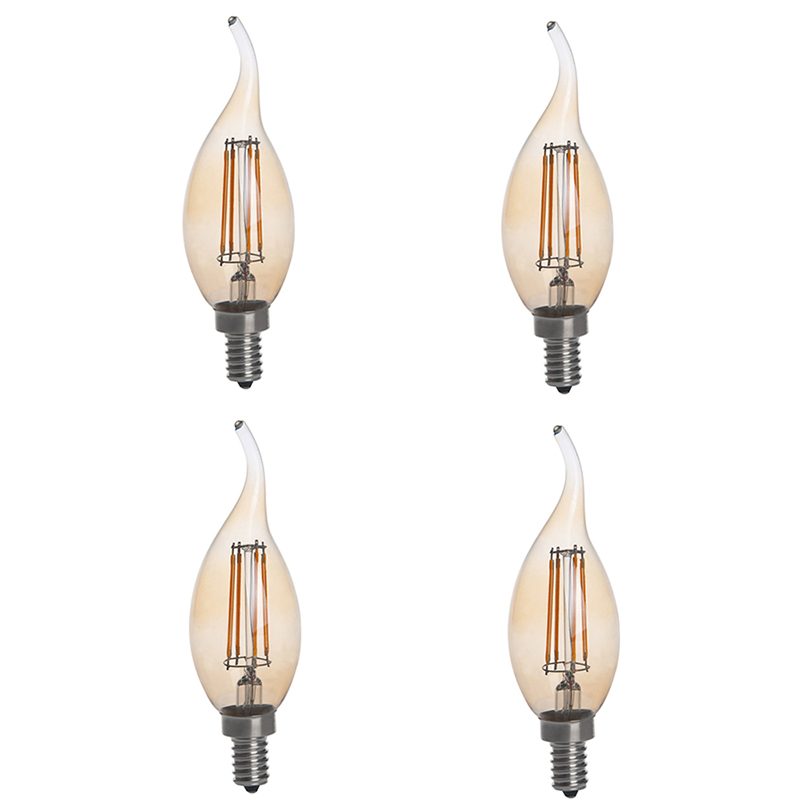 Gold Tint CA10 E12 4W LED Vintage Antique Filament Light Bulb, 40W Equivalent, 4-Pack, AC100-130V or 220-240V